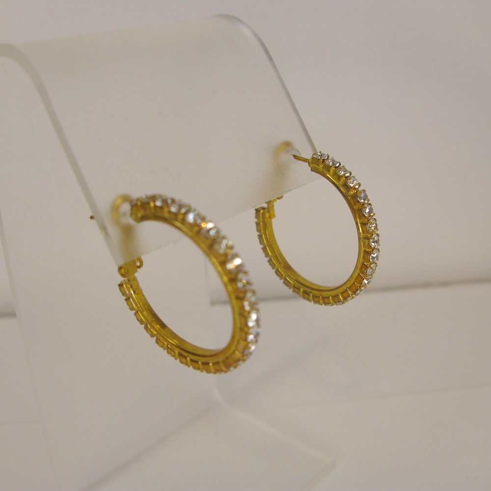 Gold Tone Rhinestone Pierced Hoop Earrings